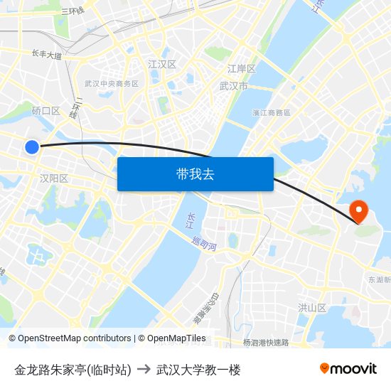 金龙路朱家亭(临时站) to 武汉大学教一楼 map