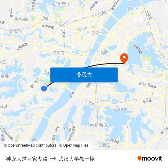 神龙大道万家湖路 to 武汉大学教一楼 map