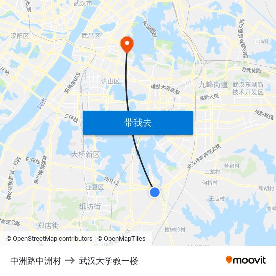 中洲路中洲村 to 武汉大学教一楼 map