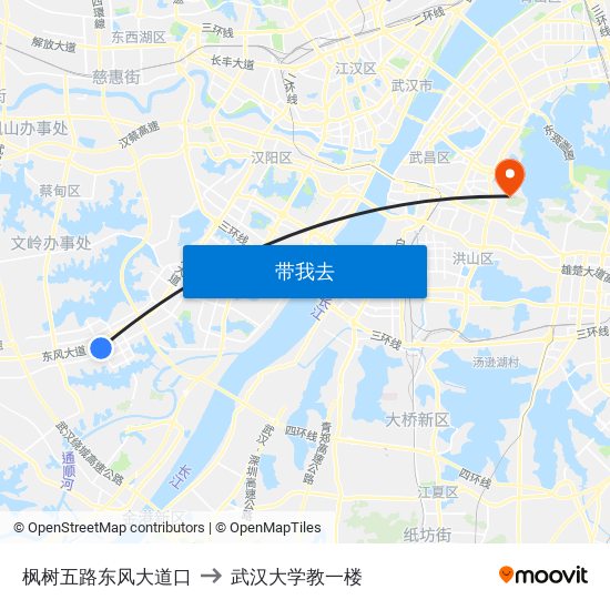 枫树五路东风大道口 to 武汉大学教一楼 map