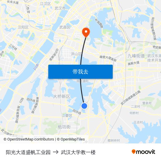 阳光大道盛帆工业园 to 武汉大学教一楼 map