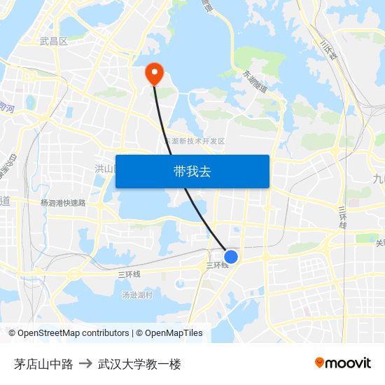 茅店山中路 to 武汉大学教一楼 map