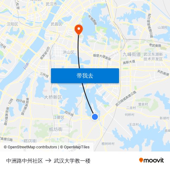 中洲路中州社区 to 武汉大学教一楼 map