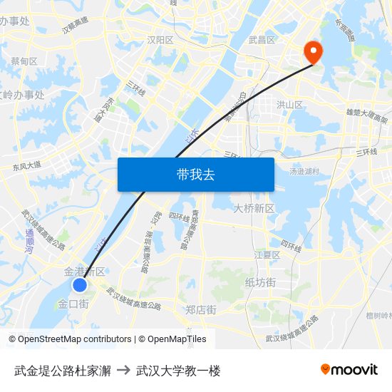 武金堤公路杜家澥 to 武汉大学教一楼 map