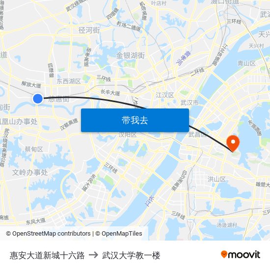 惠安大道新城十六路 to 武汉大学教一楼 map