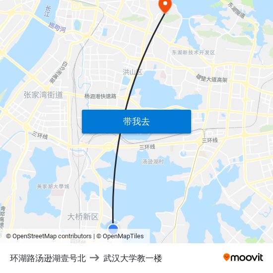 环湖路汤逊湖壹号北 to 武汉大学教一楼 map