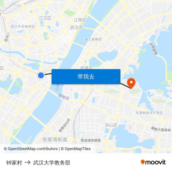 钟家村 to 武汉大学教务部 map