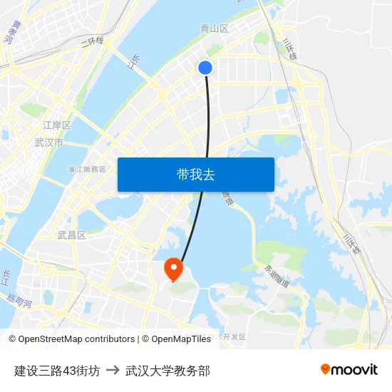 建设三路43街坊 to 武汉大学教务部 map