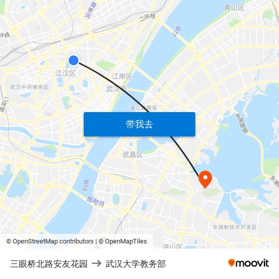 三眼桥北路安友花园 to 武汉大学教务部 map