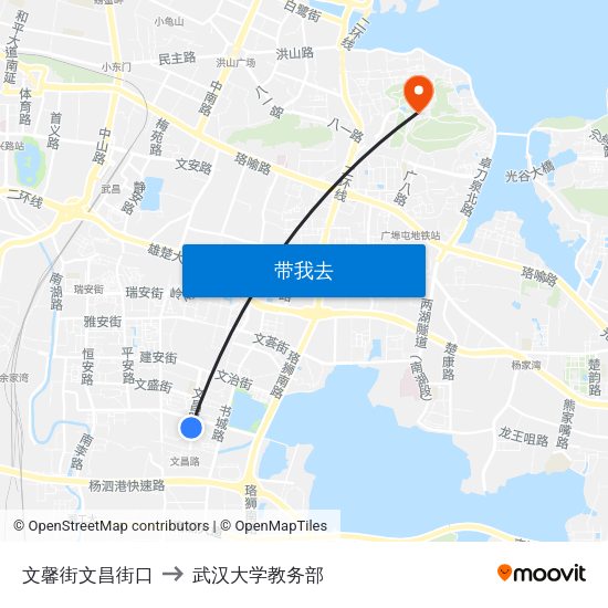 文馨街文昌街口 to 武汉大学教务部 map