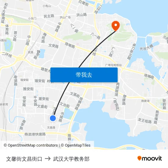 文馨街文昌街口 to 武汉大学教务部 map