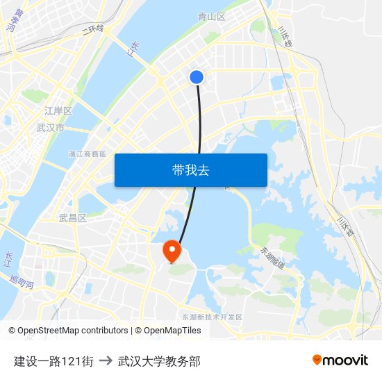 建设一路121街 to 武汉大学教务部 map