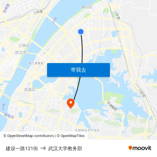 建设一路121街 to 武汉大学教务部 map