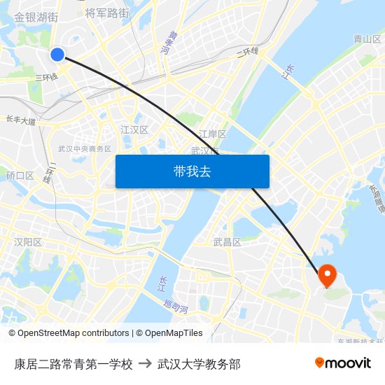 康居二路常青第一学校 to 武汉大学教务部 map