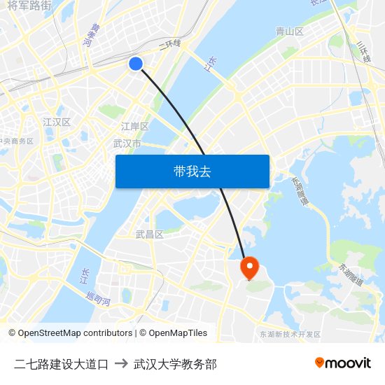 二七路建设大道口 to 武汉大学教务部 map