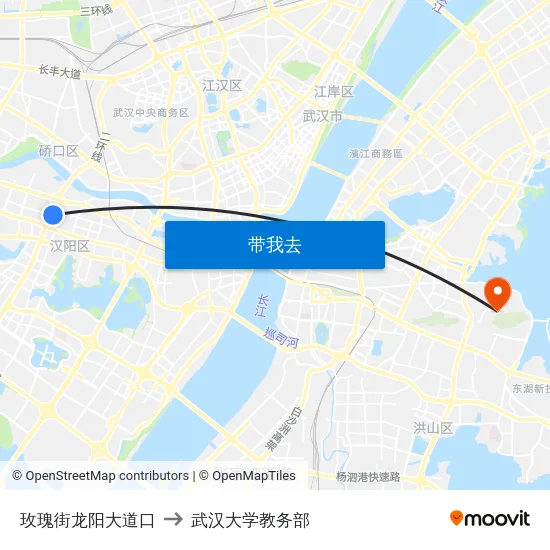 玫瑰街龙阳大道口 to 武汉大学教务部 map