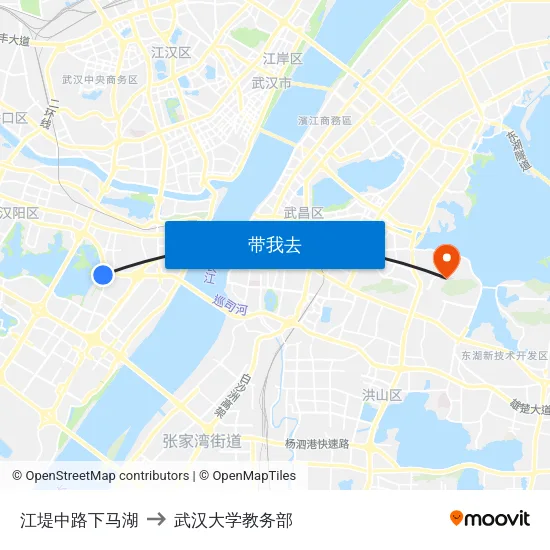 江堤中路下马湖 to 武汉大学教务部 map