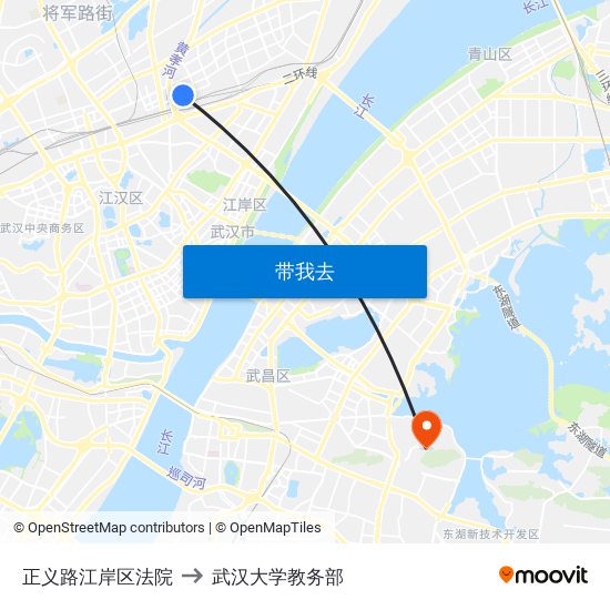 正义路江岸区法院 to 武汉大学教务部 map