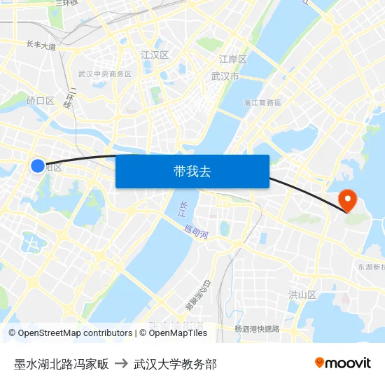 墨水湖北路冯家畈 to 武汉大学教务部 map