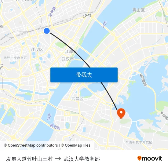 发展大道竹叶山三村 to 武汉大学教务部 map