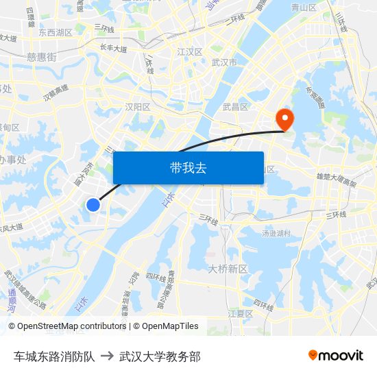 车城东路消防队 to 武汉大学教务部 map