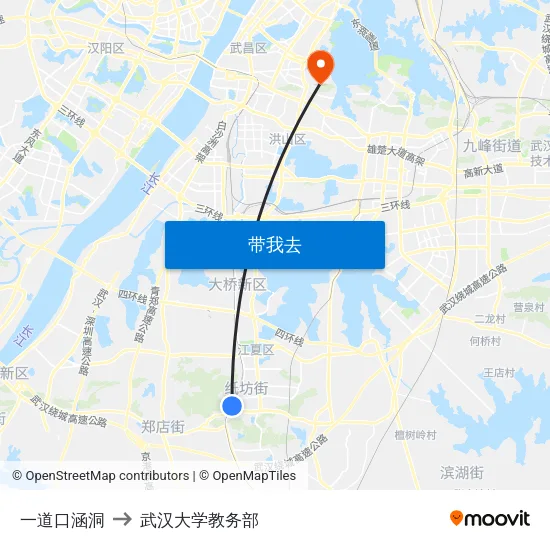 一道口涵洞 to 武汉大学教务部 map