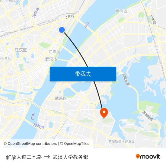 解放大道二七路 to 武汉大学教务部 map