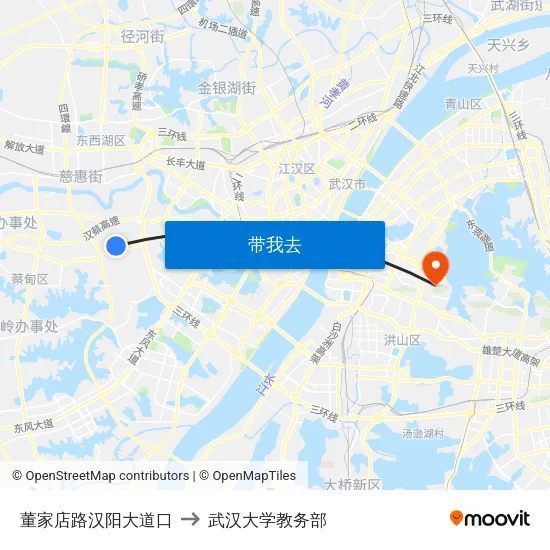 董家店路汉阳大道口 to 武汉大学教务部 map