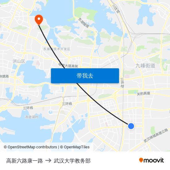 高新六路康一路 to 武汉大学教务部 map