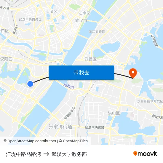 江堤中路马路湾 to 武汉大学教务部 map