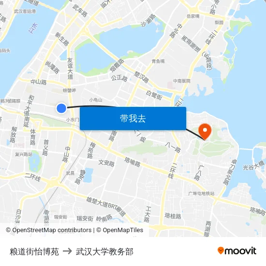 粮道街怡博苑 to 武汉大学教务部 map