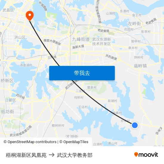 梧桐湖新区凤凰苑 to 武汉大学教务部 map