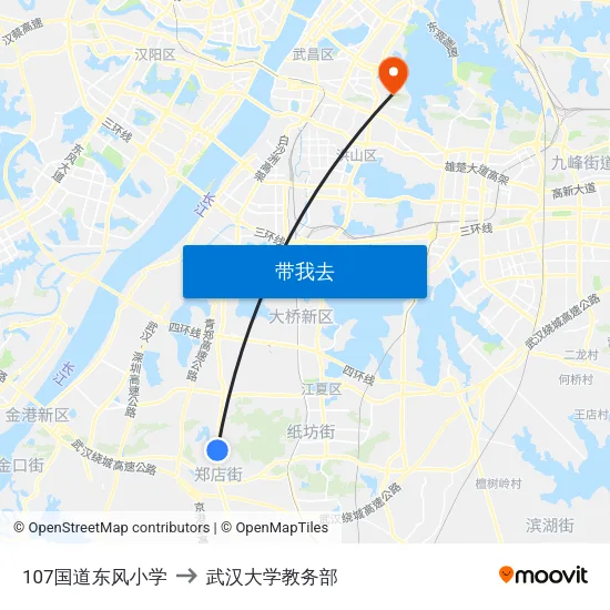 107国道东风小学 to 武汉大学教务部 map