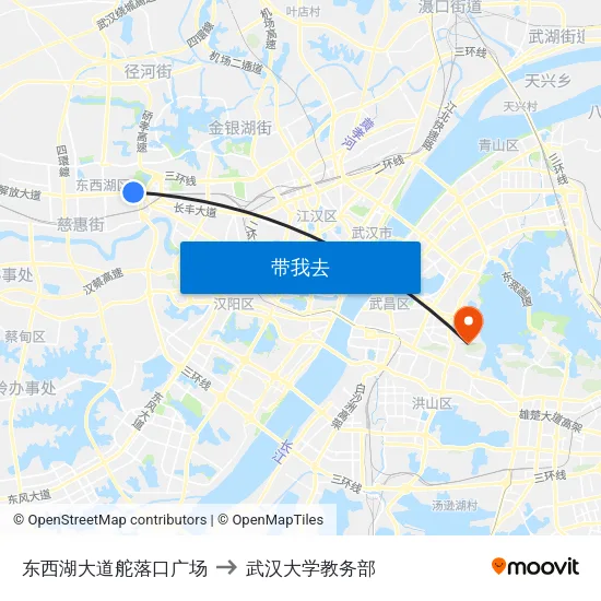 东西湖大道舵落口广场 to 武汉大学教务部 map