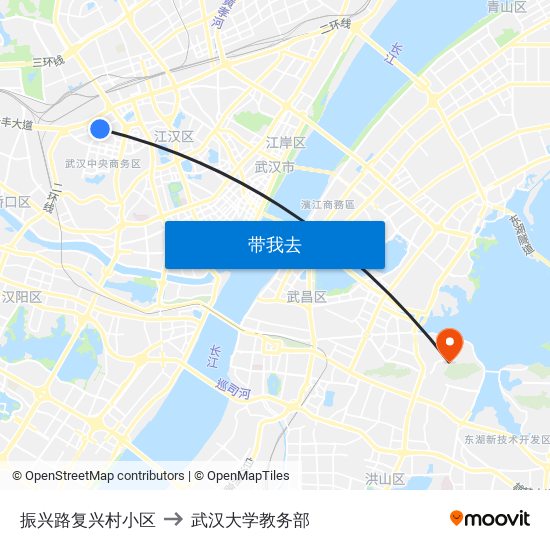 振兴路复兴村小区 to 武汉大学教务部 map