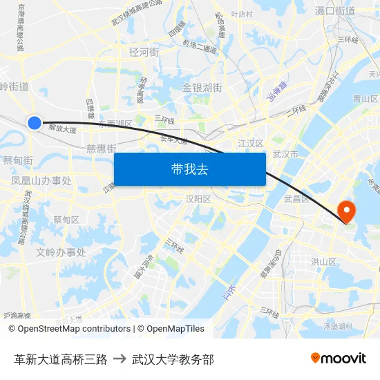 革新大道高桥三路 to 武汉大学教务部 map