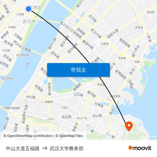 中山大道五福路 to 武汉大学教务部 map