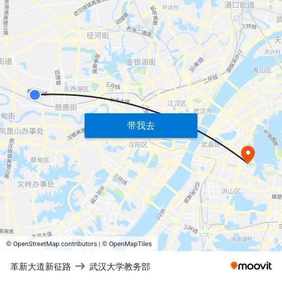革新大道新征路 to 武汉大学教务部 map