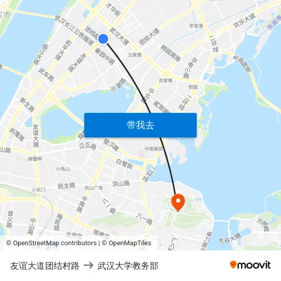 友谊大道团结村路 to 武汉大学教务部 map