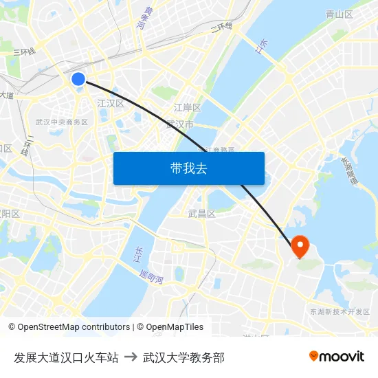发展大道汉口火车站 to 武汉大学教务部 map