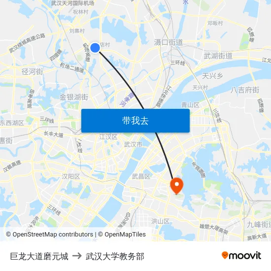 巨龙大道磨元城 to 武汉大学教务部 map
