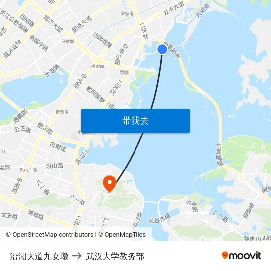 沿湖大道九女墩 to 武汉大学教务部 map