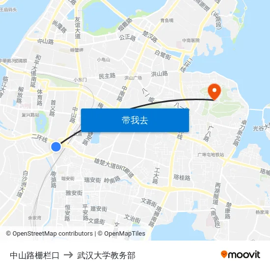 中山路栅栏口 to 武汉大学教务部 map