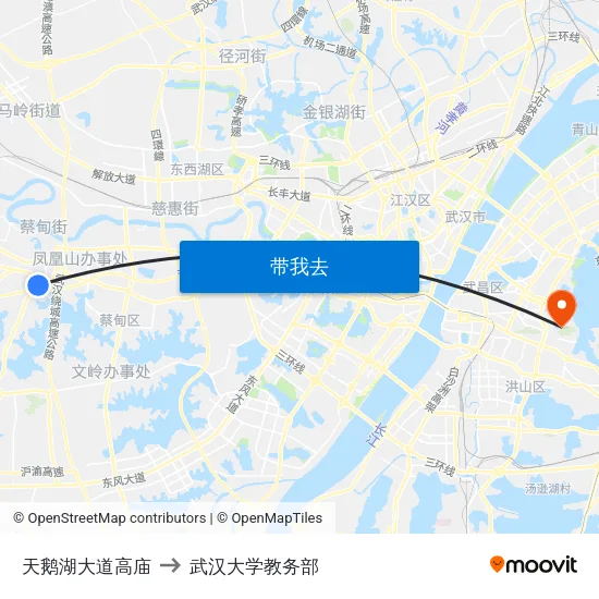 天鹅湖大道高庙 to 武汉大学教务部 map