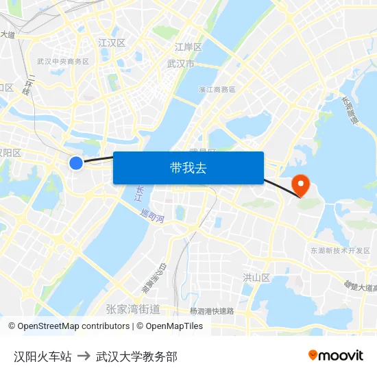 汉阳火车站 to 武汉大学教务部 map