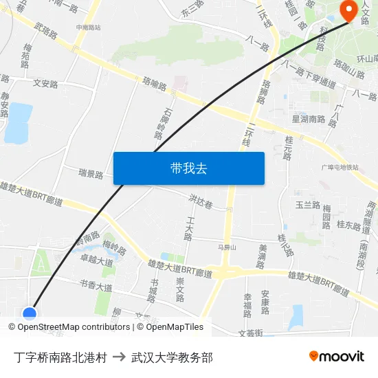 丁字桥南路北港村 to 武汉大学教务部 map
