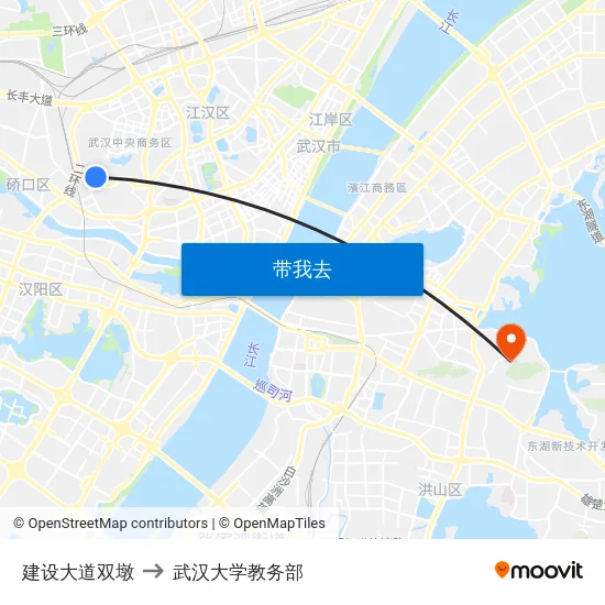 建设大道双墩 to 武汉大学教务部 map
