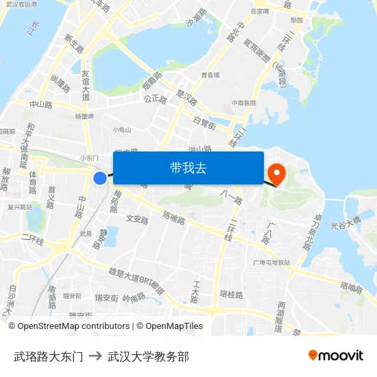 武珞路大东门 to 武汉大学教务部 map