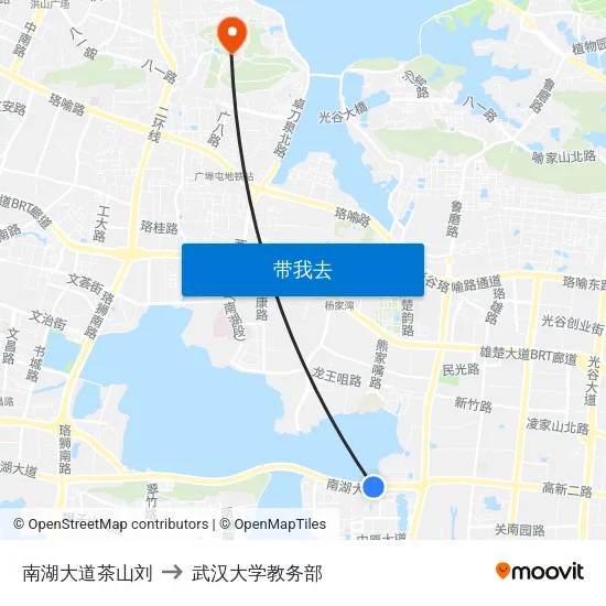 南湖大道茶山刘 to 武汉大学教务部 map
