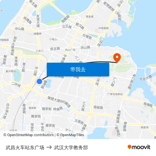 武昌火车站东广场 to 武汉大学教务部 map